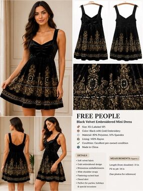 Free People Black Velvet Embroidered Mini Dress Gold Beaded Sleeveless SP XS